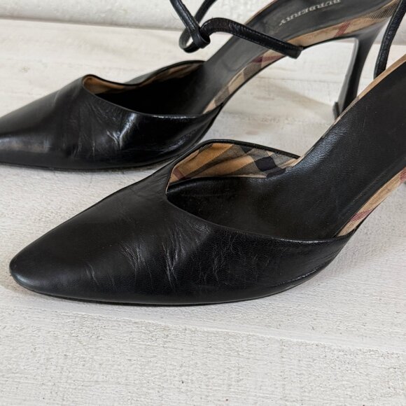 Burberry Slingback Heels Novacheck Black Leather Pointed Toe Size 39.5/US 9.5 - Picture 5 of 12